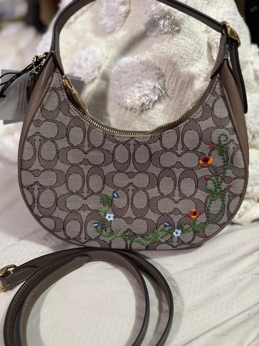 COACH Brown Signature Crescent jacquard  Bag Floral Embroidery Emily new - Picture 4 of 6